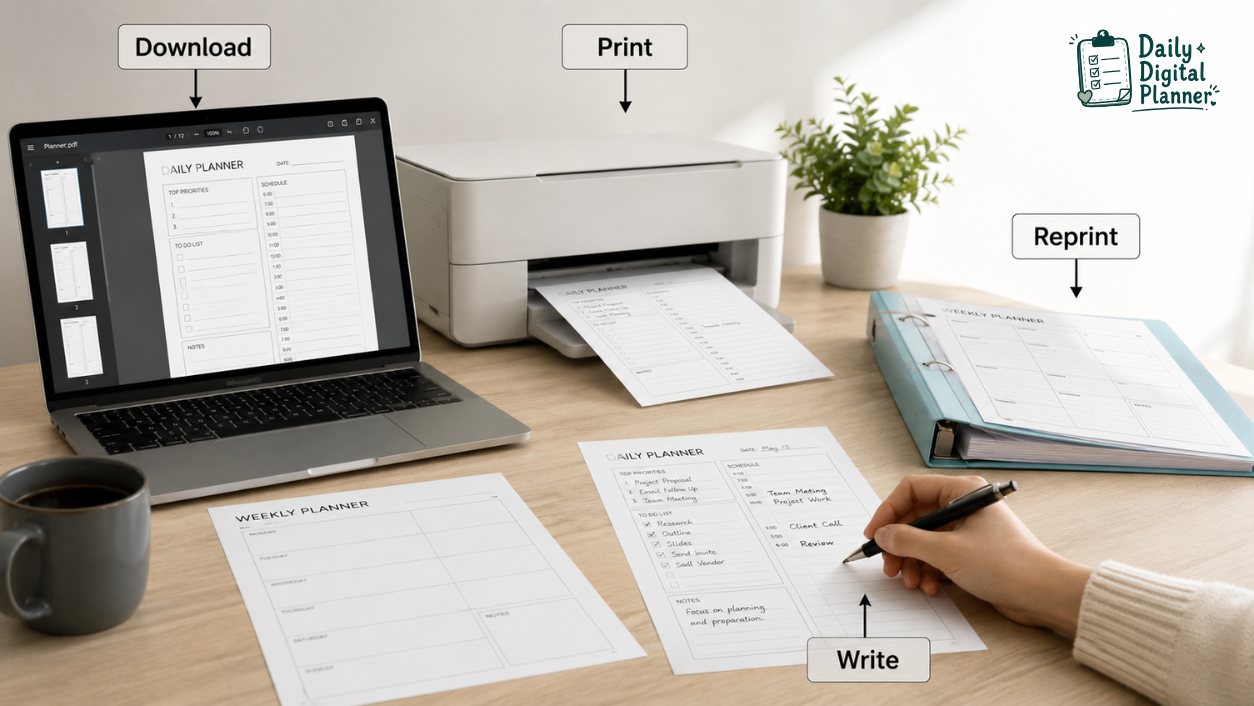 Printable planner PDF workflow from download to paper printing and handwriting.