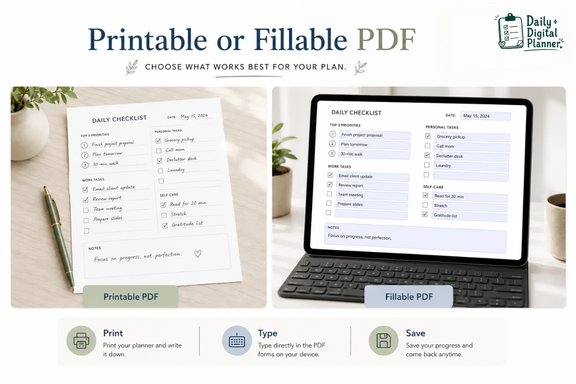 Side-by-side comparison of printable and fillable work-life balance planner PDF workflows.