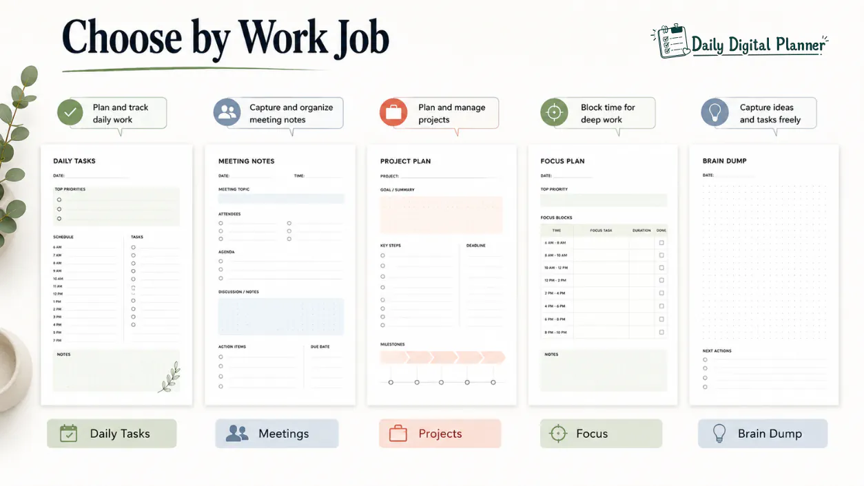 Work planner matrix for daily tasks, meetings, projects, focus blocks, and brain dump planning.