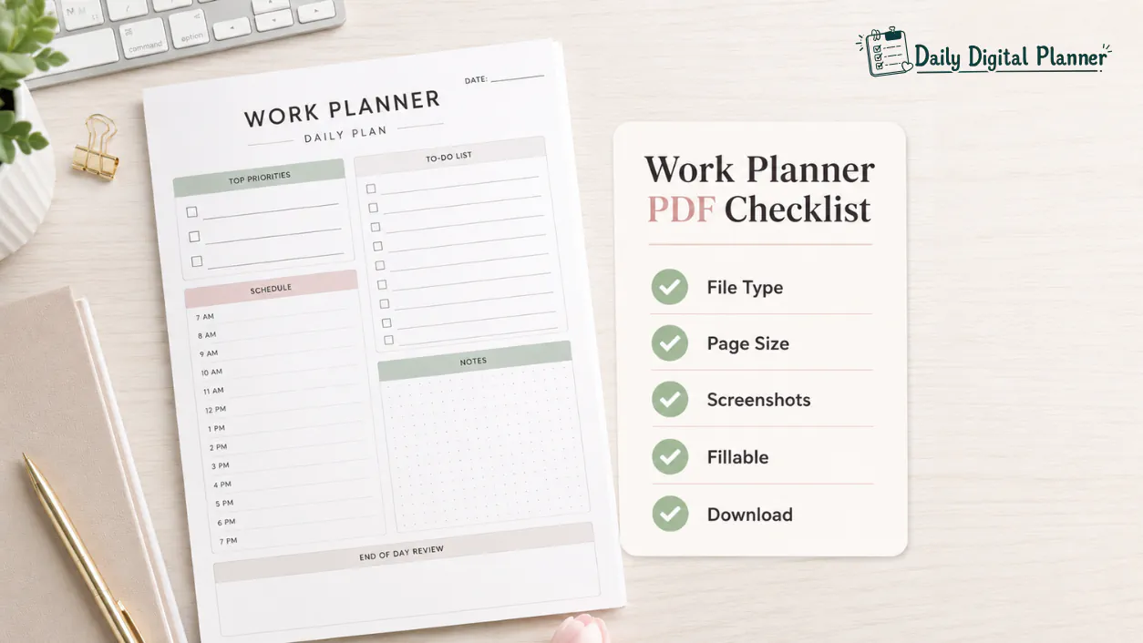 Checklist for reviewing a work planner PDF before buying, including file type, page size, screenshots, and download access.