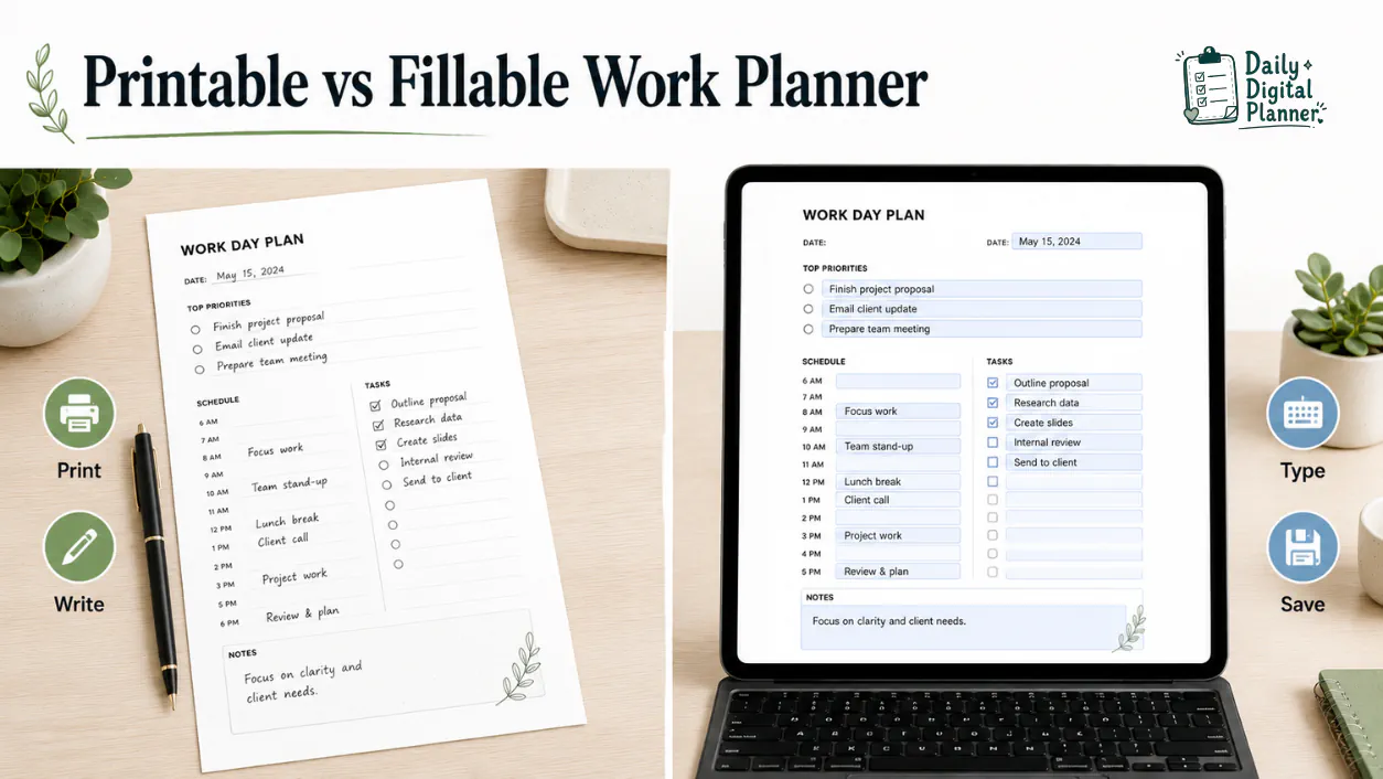Printable and fillable work planner PDF examples showing handwriting and typed fields.