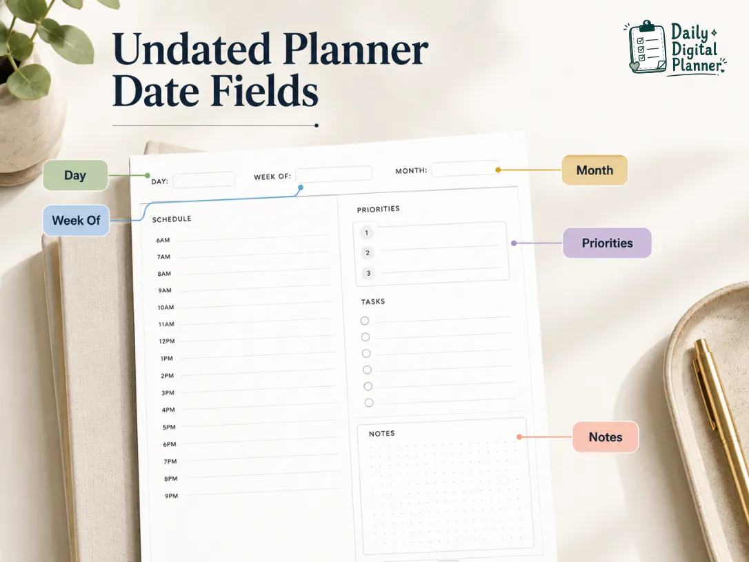 Undated planner page showing blank day, week, month, and notes fields.