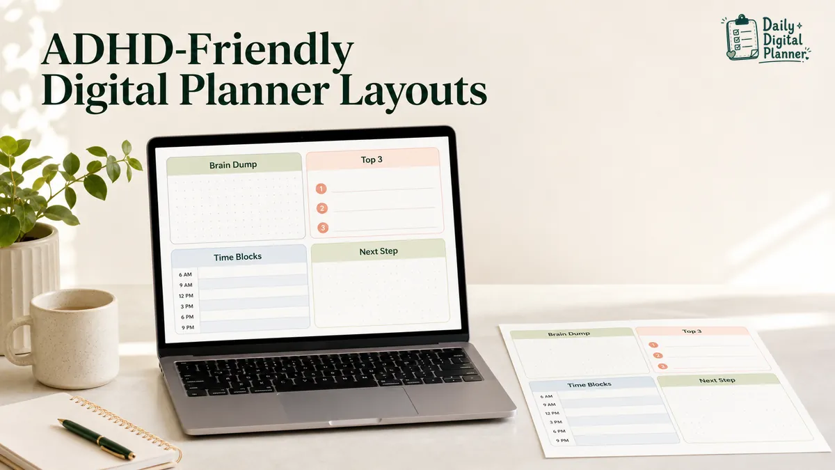 A clean ADHD-friendly digital planner layout showing a brain dump area, three priorities, time blocks, and a next-action field.