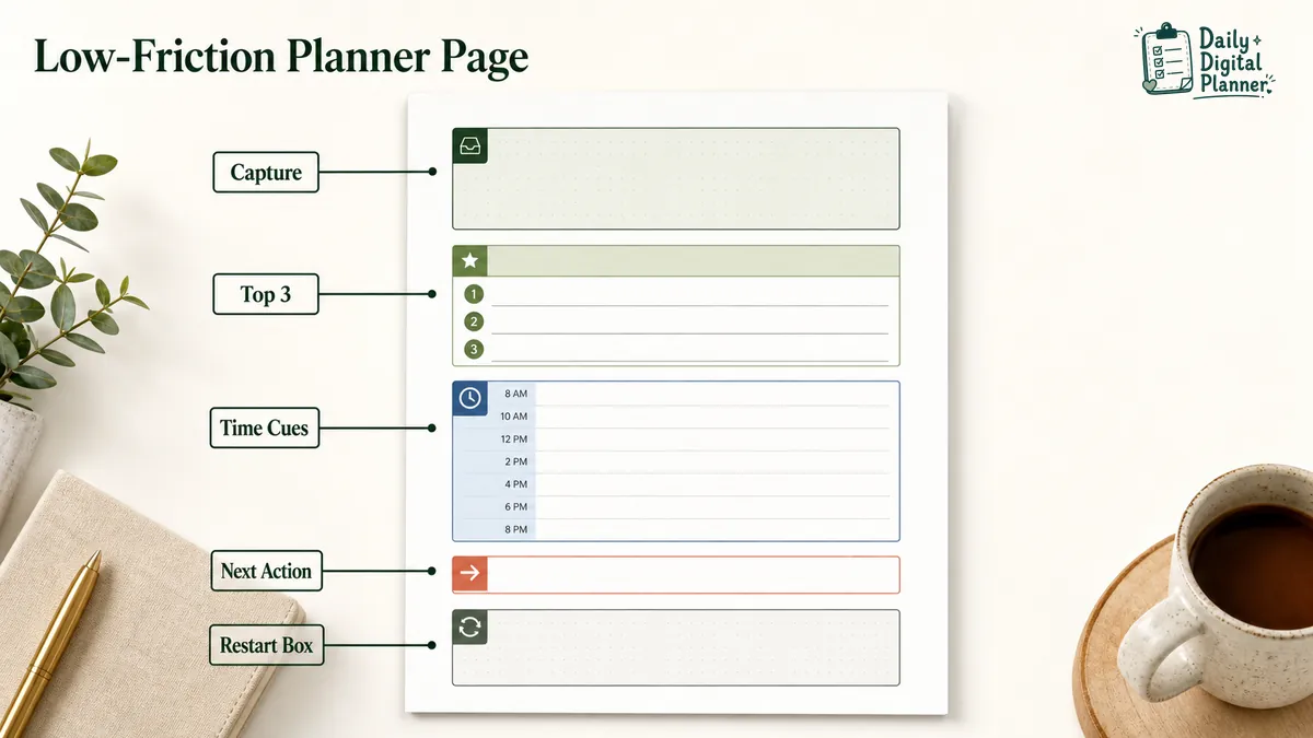 Annotated planner page with one capture area, three priorities, time cues, a next action, and an easy-restart box.