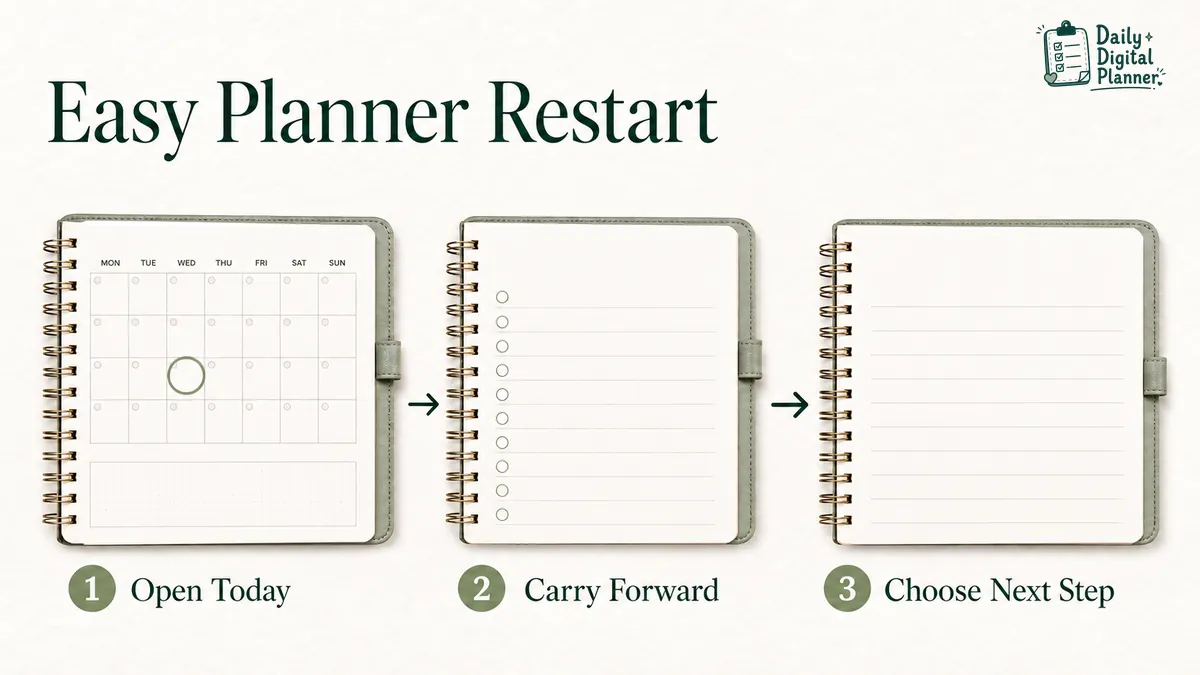 Three-step planner restart showing open today, carry forward active tasks, and choose one next action.