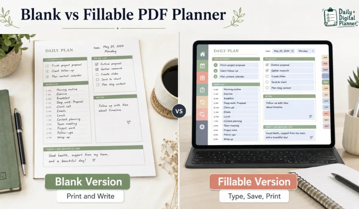 Side-by-side blank PDF planner and fillable PDF planner pages showing handwriting and typing workflows.