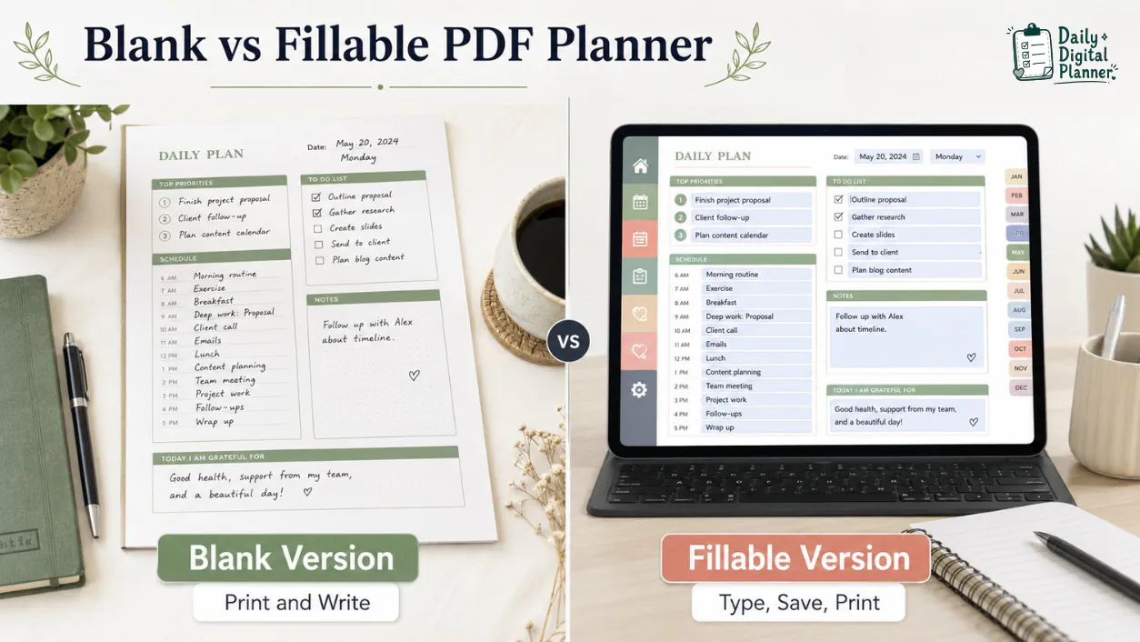 Side-by-side blank PDF planner and fillable PDF planner pages showing handwriting and typing workflows.
