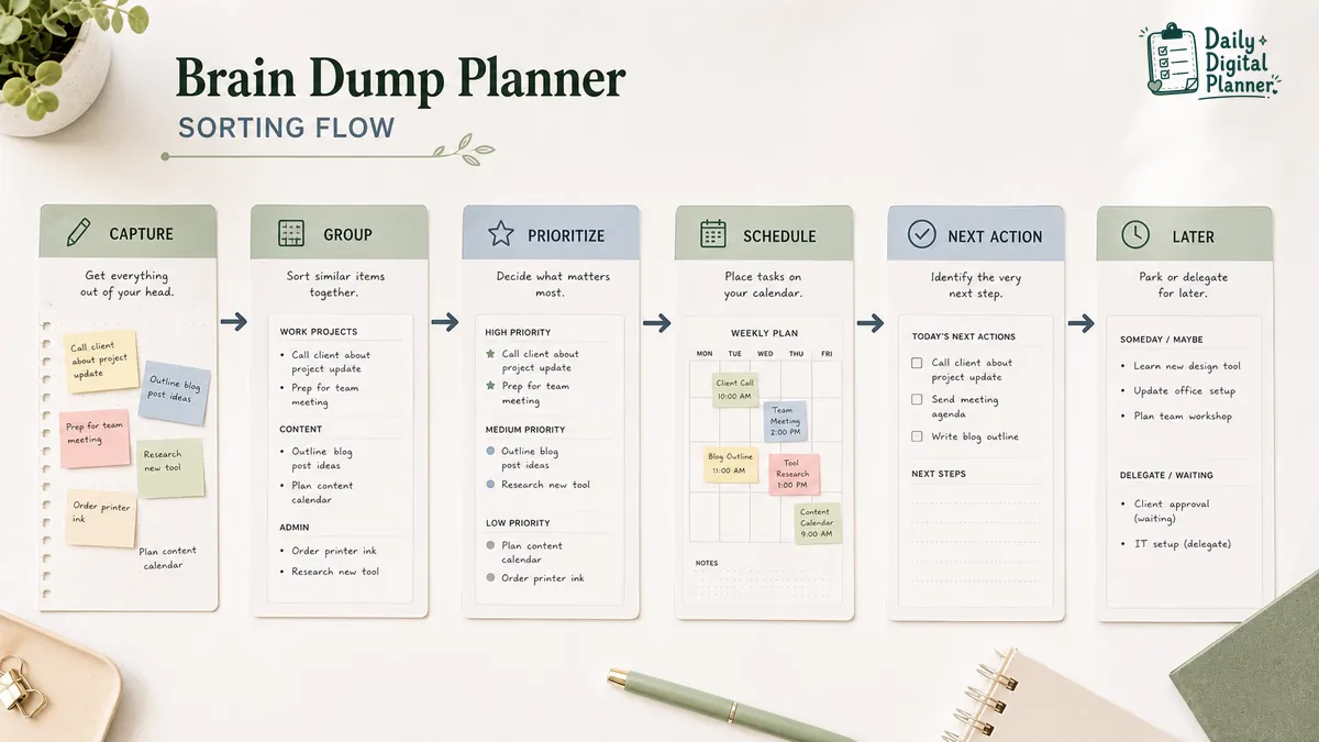 Brain dump planner workflow showing capture, group, prioritize, schedule, and next action steps.