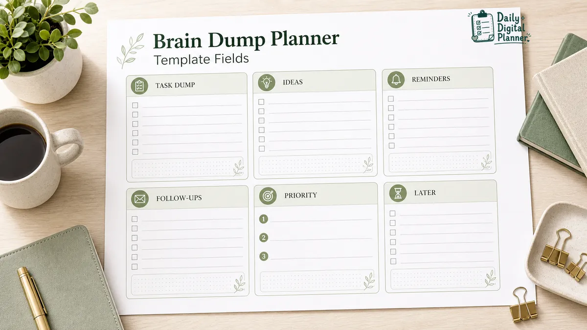 Brain dump planner template fields for task dump, ideas, reminders, follow-ups, priorities, and later list.