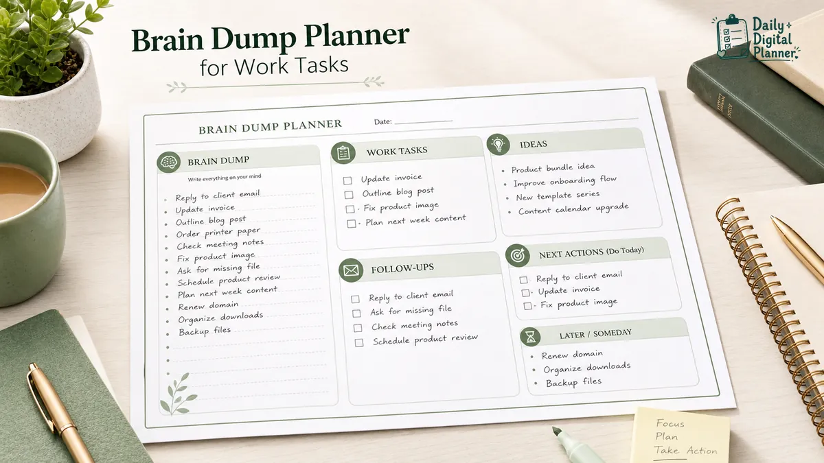 Brain dump planner template showing scattered work tasks, reminders, ideas, and sorted next actions.