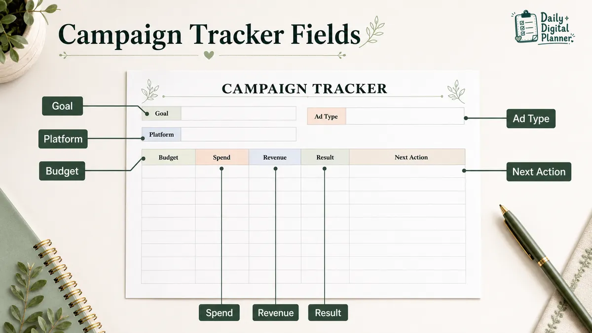 Annotated campaign tracker fields showing campaign goal, platform, budget, revenue, results, and notes.