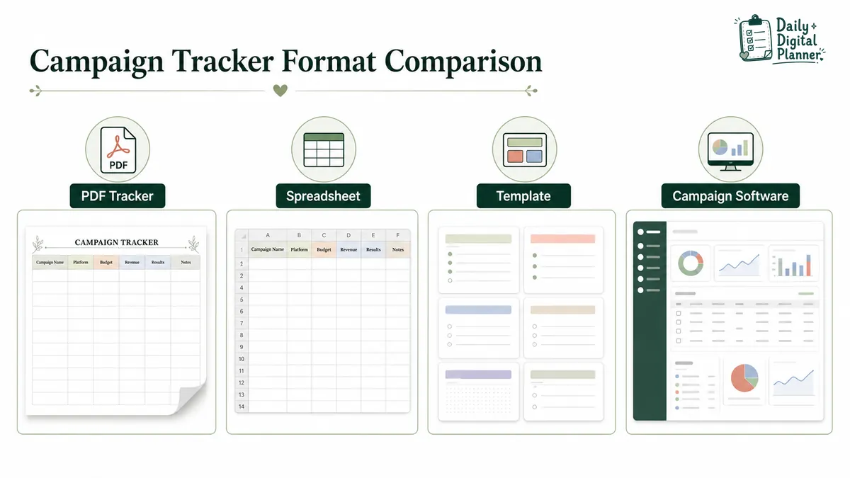 Comparison visual showing when to use a PDF campaign tracker, spreadsheet, Notion template, or campaign management software.