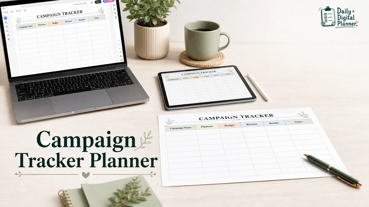 Campaign tracker planner example with fields for marketing campaigns, ads, budget, revenue, results, and notes.