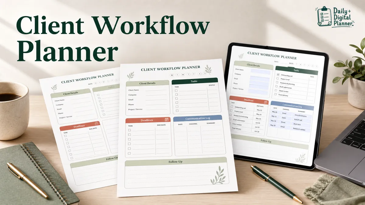 Client workflow planner PDF pages showing client details, project tasks, communication log, deadlines, and follow-up notes.