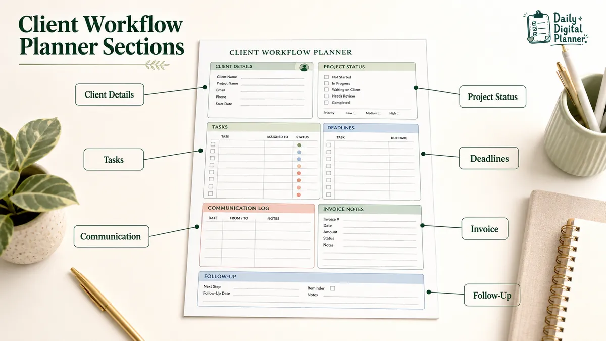 Annotated client workflow planner showing client details, tasks, deadlines, status, communication log, and invoice follow-up fields.