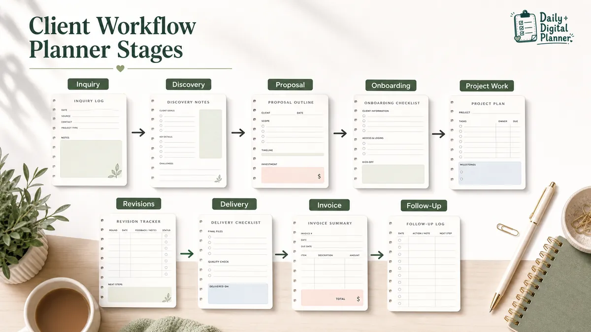 Workflow showing inquiry, discovery, proposal, onboarding, project work, revisions, delivery, invoice, and follow-up stages.