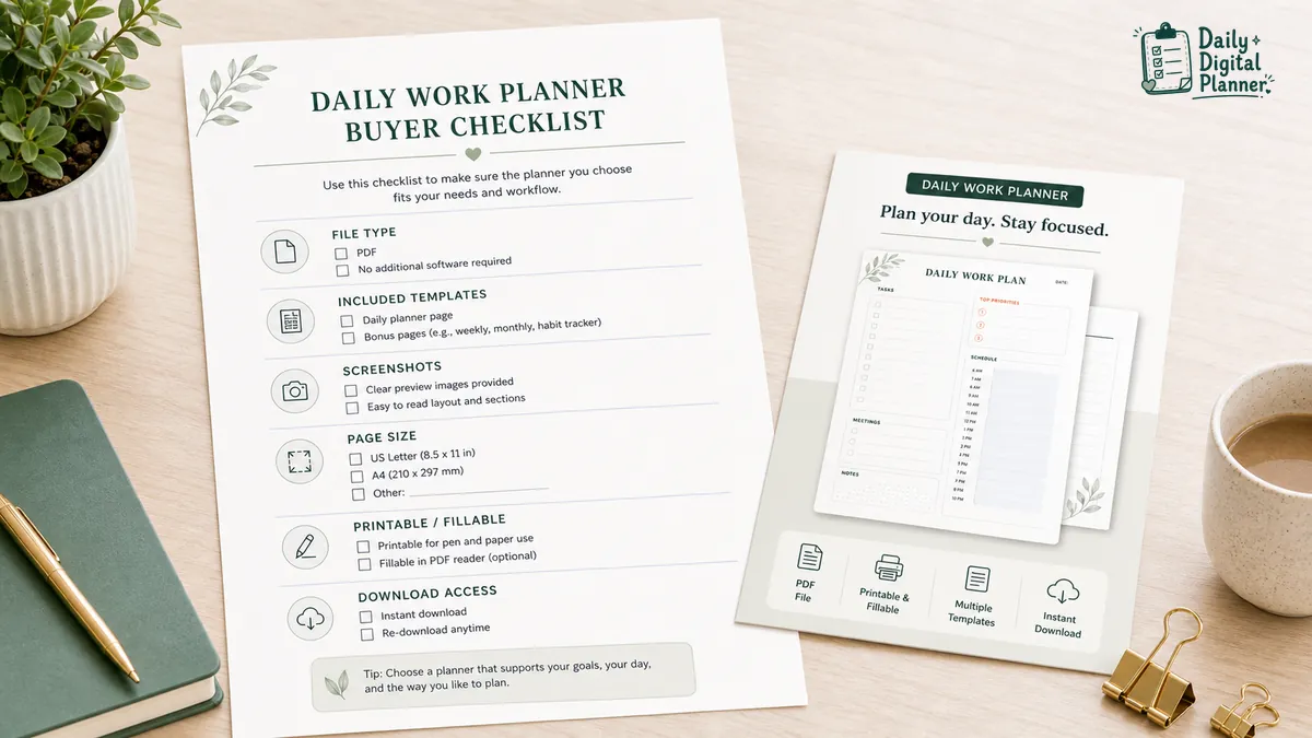 Buyer checklist for a daily work planner PDF including file type, included templates, screenshots, page size, printable or fillable support, instructions, price, and download access.