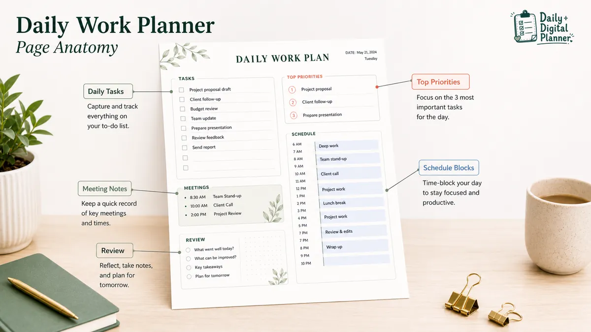Annotated daily work planner page with sections for daily tasks, top priorities, schedule blocks, meeting notes, and review.