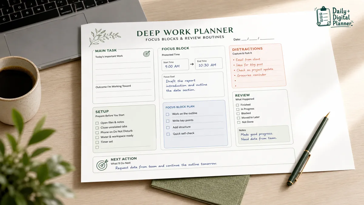 Deep work planner template showing a protected focus block, main task, distraction notes, and review routine.