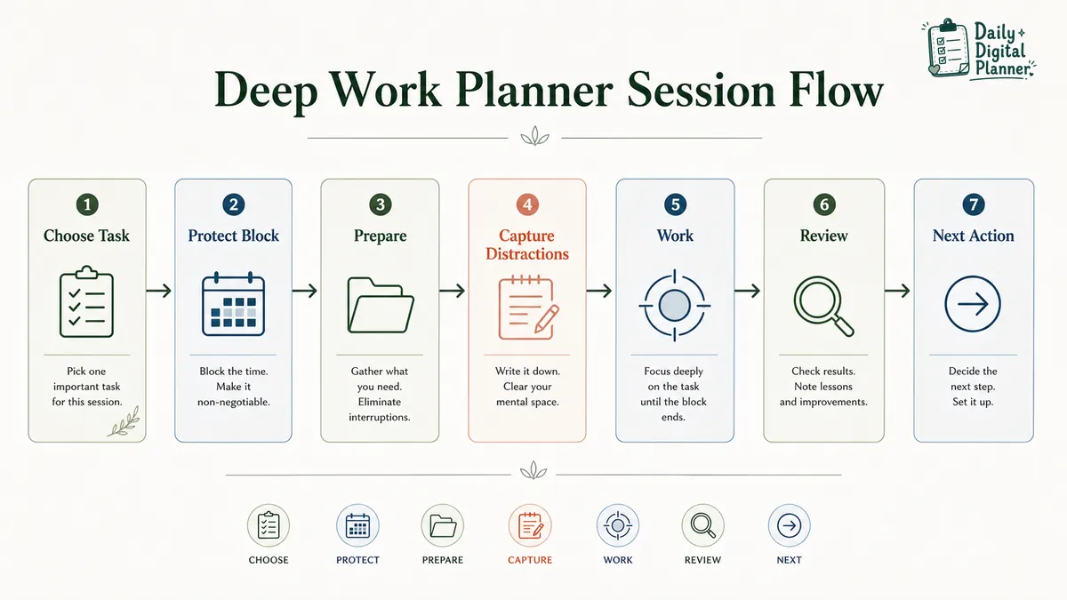 Deep work planner workflow showing choose task, protect focus block, prepare, capture distractions, work, review, and next action.