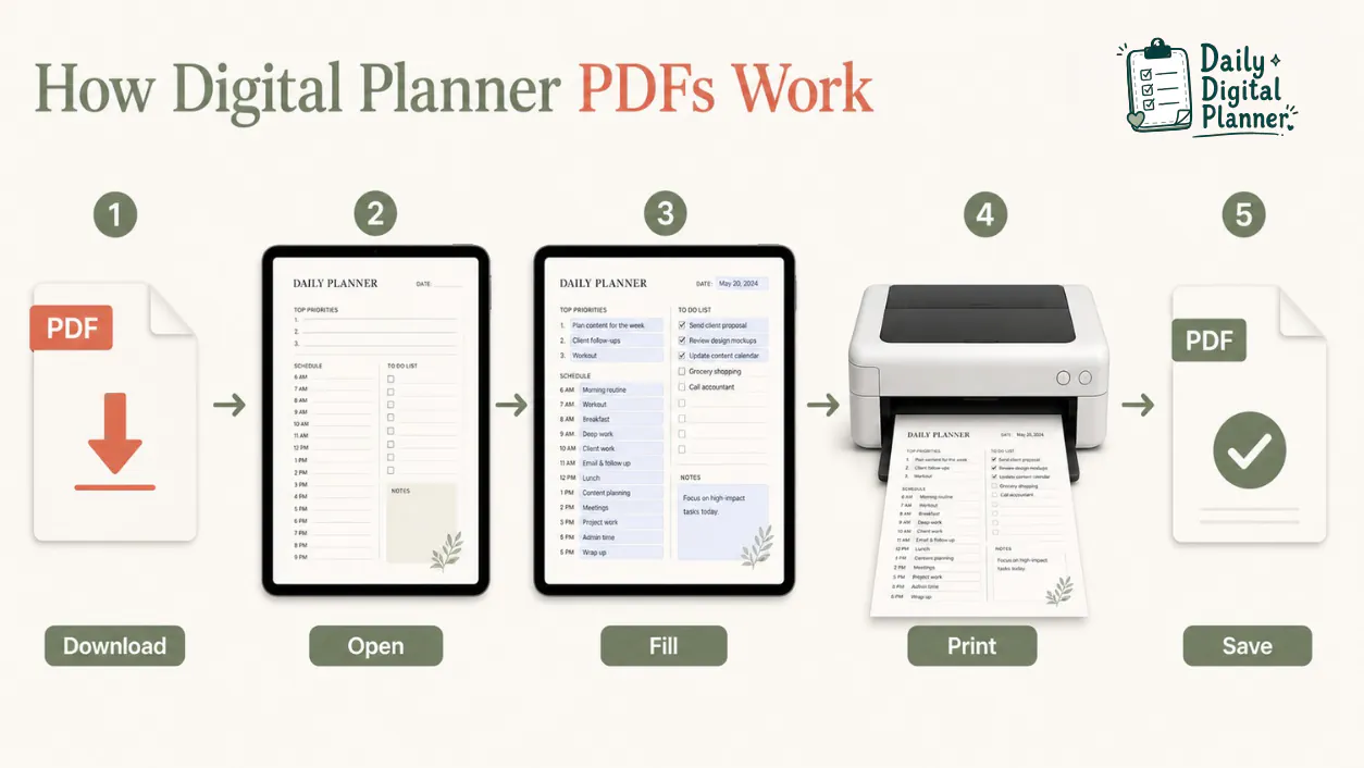 Digital planner PDF workflow showing download, open, fill, print, and save steps.
