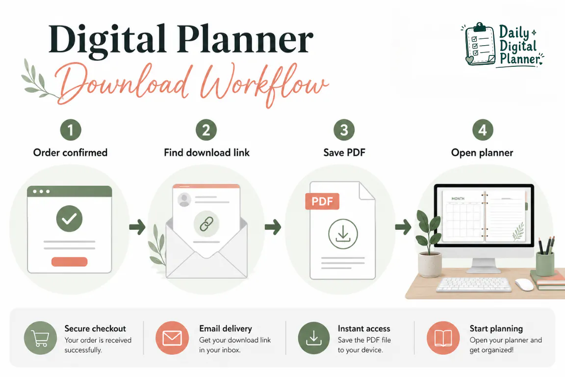 A step-by-step workflow showing order confirmation, download link, saved planner PDF, and open planner steps.