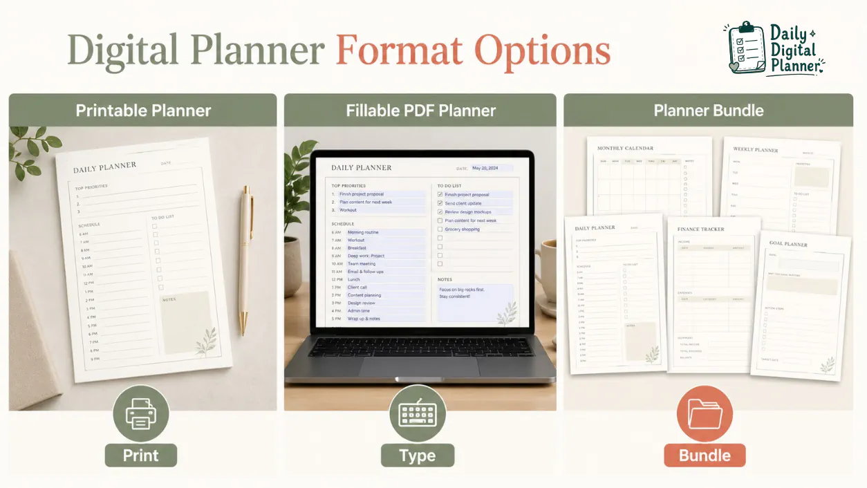 Printable planner, fillable PDF planner, and planner bundle format options shown side by side.