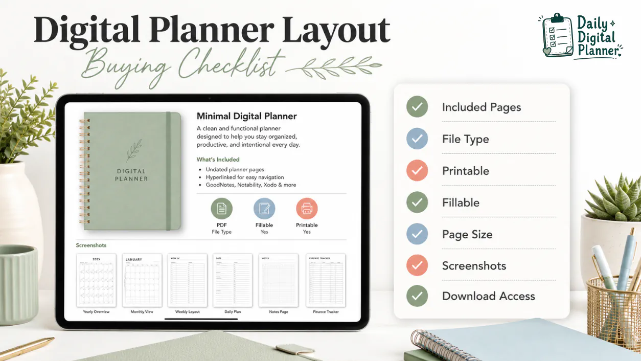Checklist for confirming digital planner layout pages, file type, printable or fillable support, screenshots, page size, and download access before buying.