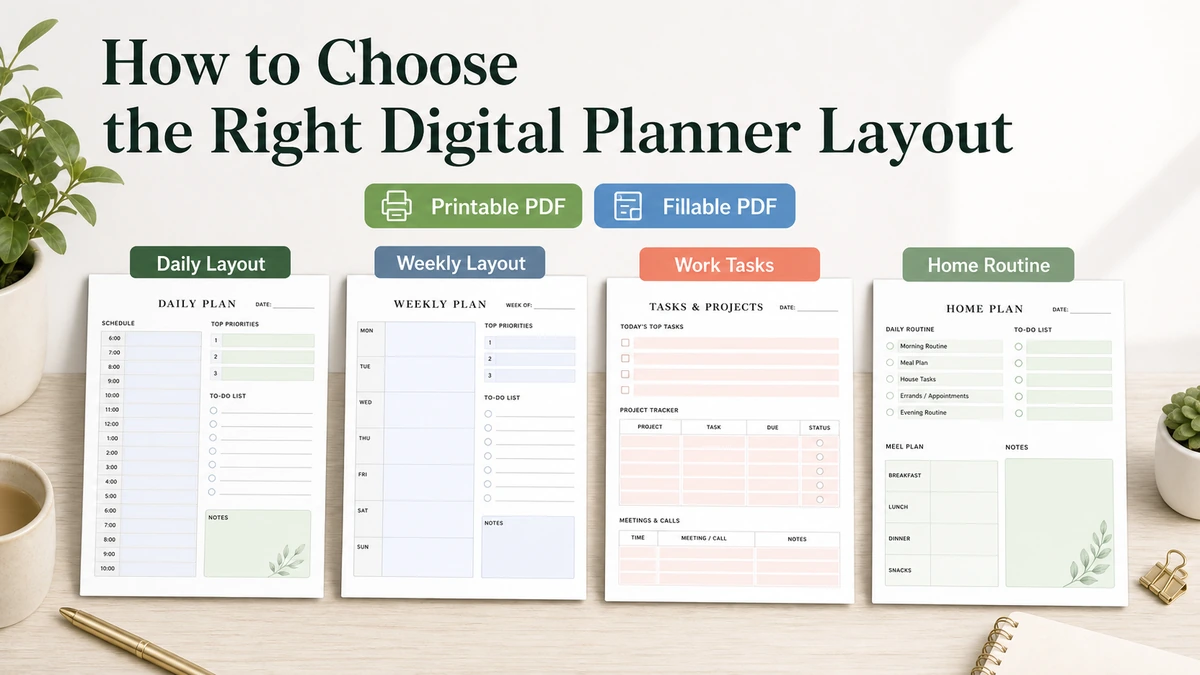 Daily, weekly, work, and home digital planner PDF layouts shown side by side for choosing a planner.