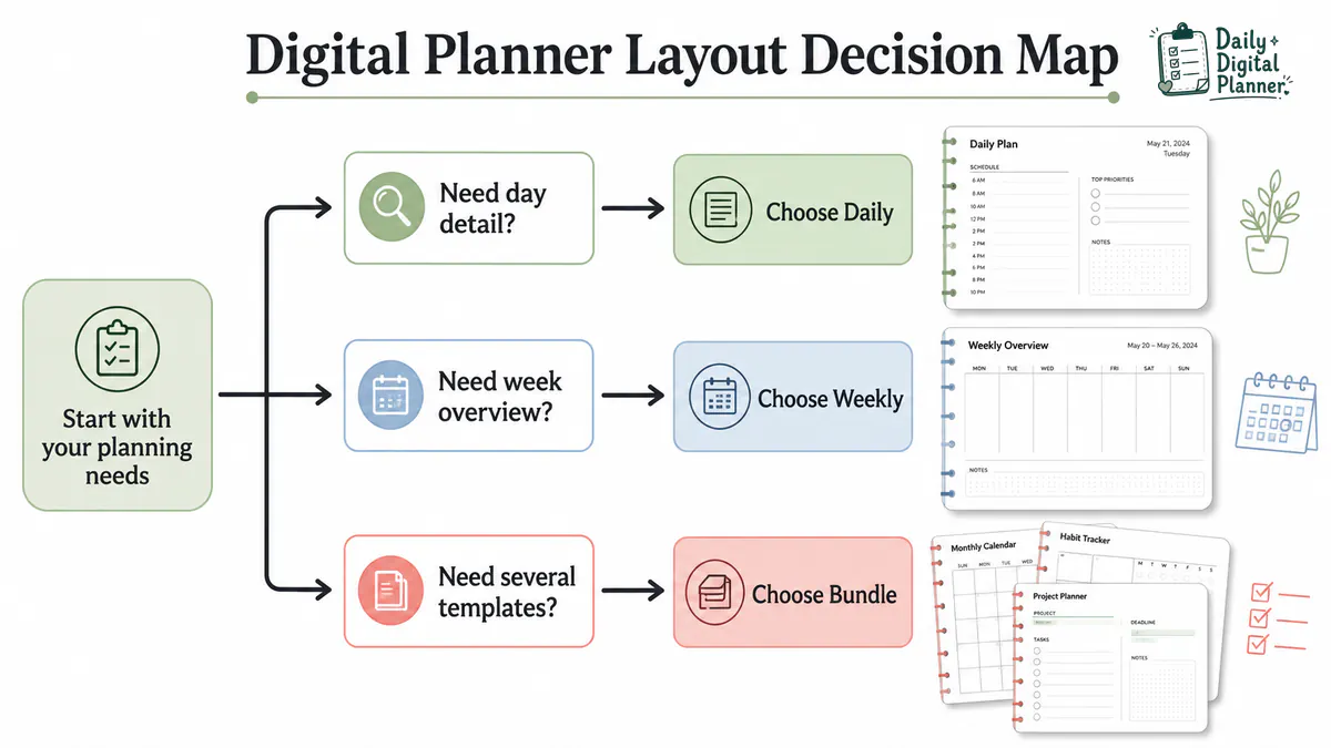Decision map showing when to choose daily, weekly, monthly, project, or bundle planner layouts.