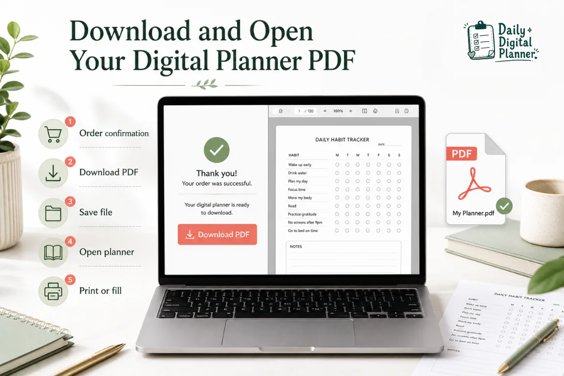A digital planner PDF download workflow showing order confirmation, download link, saved file, and open PDF steps.