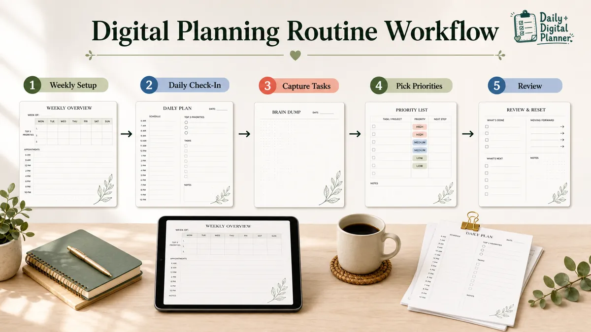 Workflow showing weekly setup, daily check-in, task capture, priority planning, and end-of-day review.