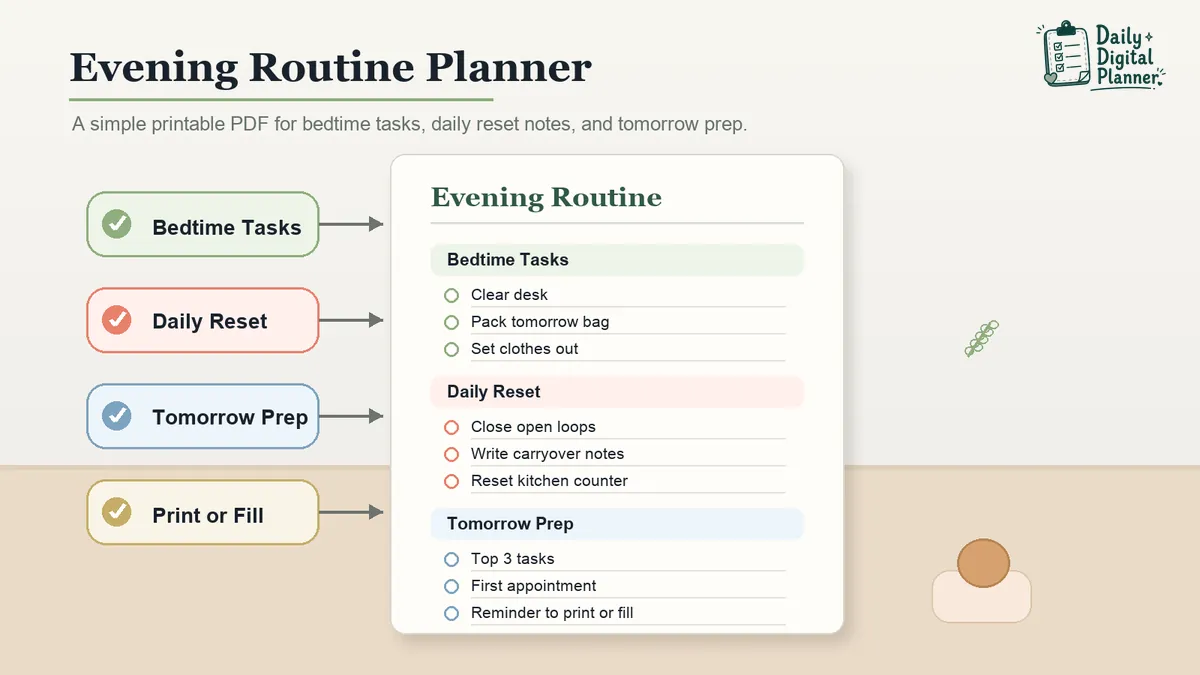 Evening routine planner PDF page with bedtime tasks, daily reset notes, and next-day preparation fields.