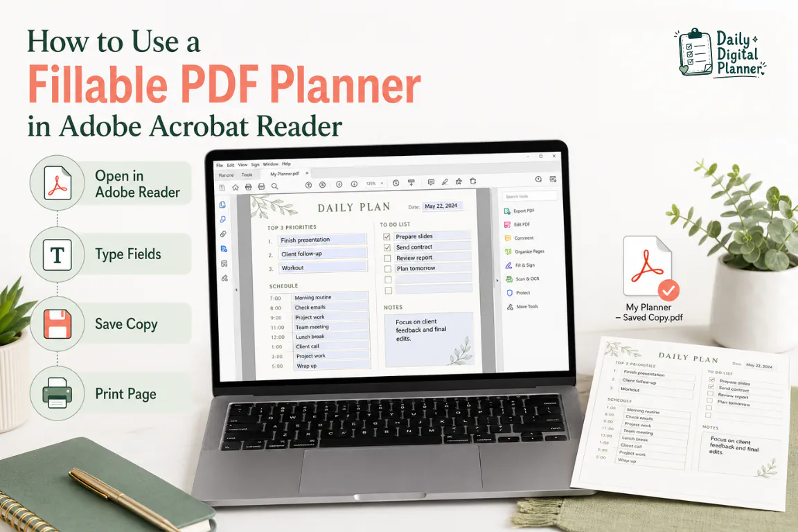 A fillable PDF planner open in Adobe Acrobat Reader with typed fields, a saved copy, and a printed planner page.