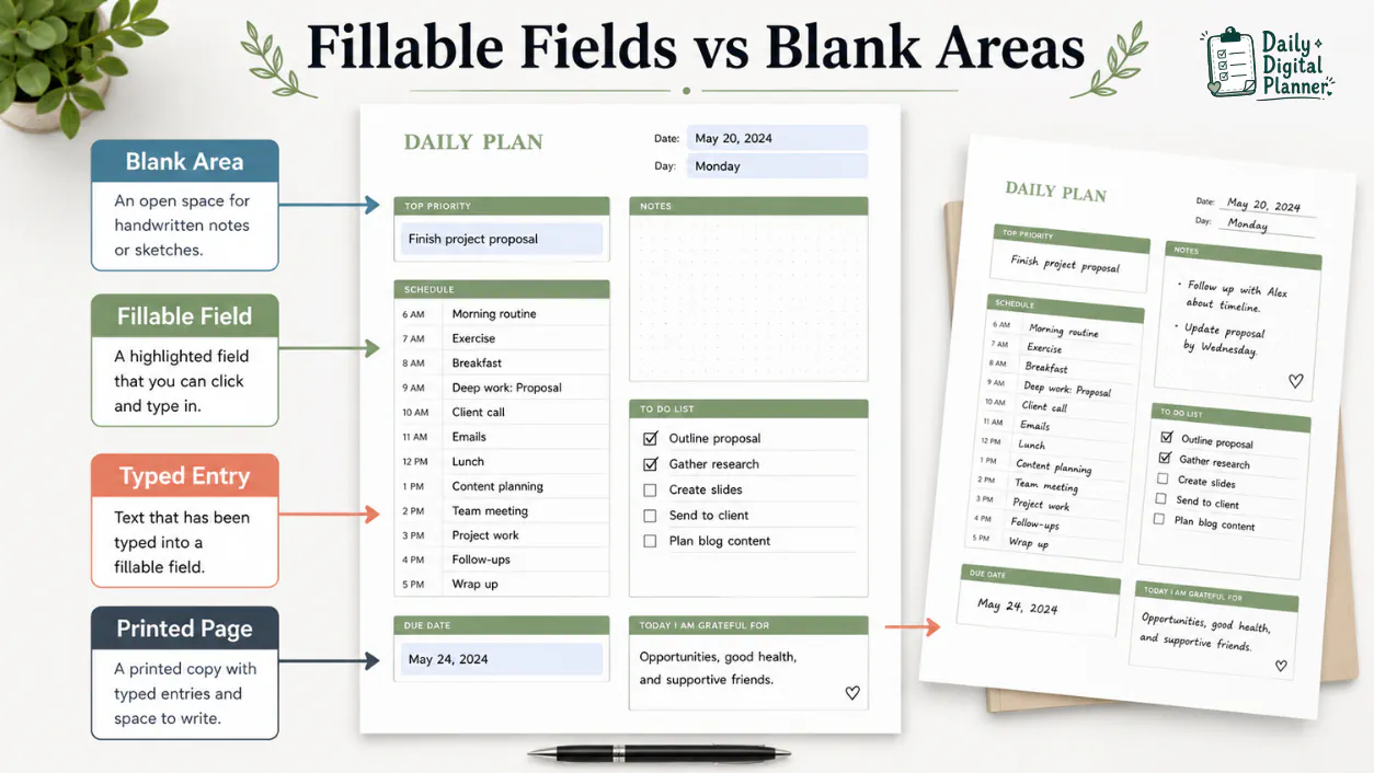 Annotated planner PDF page comparing blank writing areas with fillable text fields.
