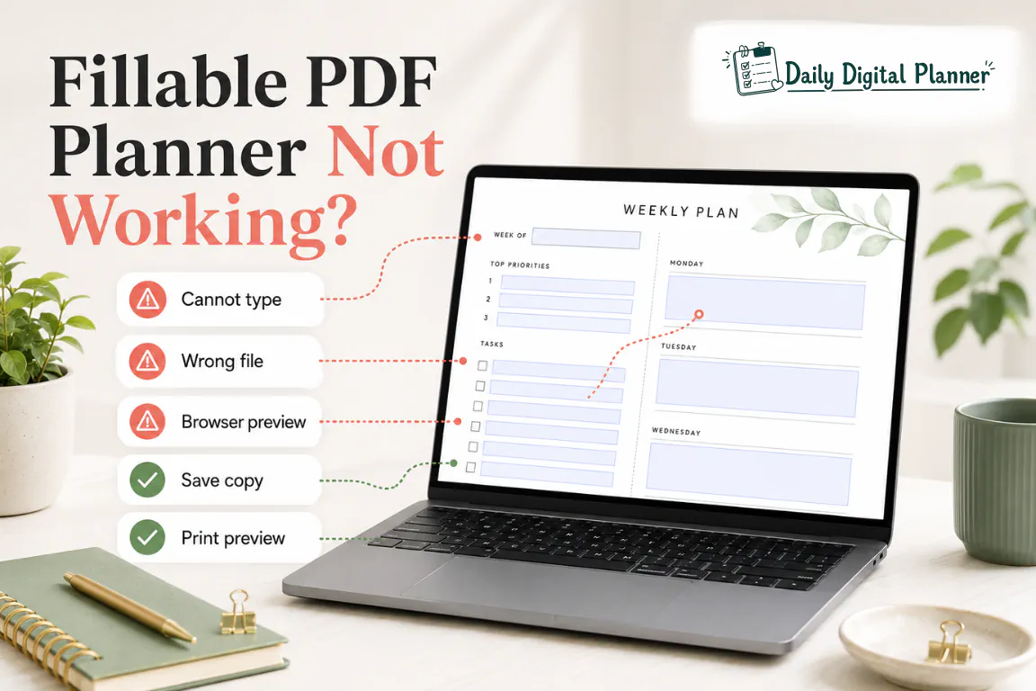 A fillable PDF planner on a laptop with callouts for wrong file, browser preview, save copy, and print preview.