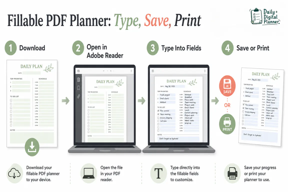 A four-step diagram showing download, open in Adobe Reader, type into fields, and save or print a fillable PDF planner.