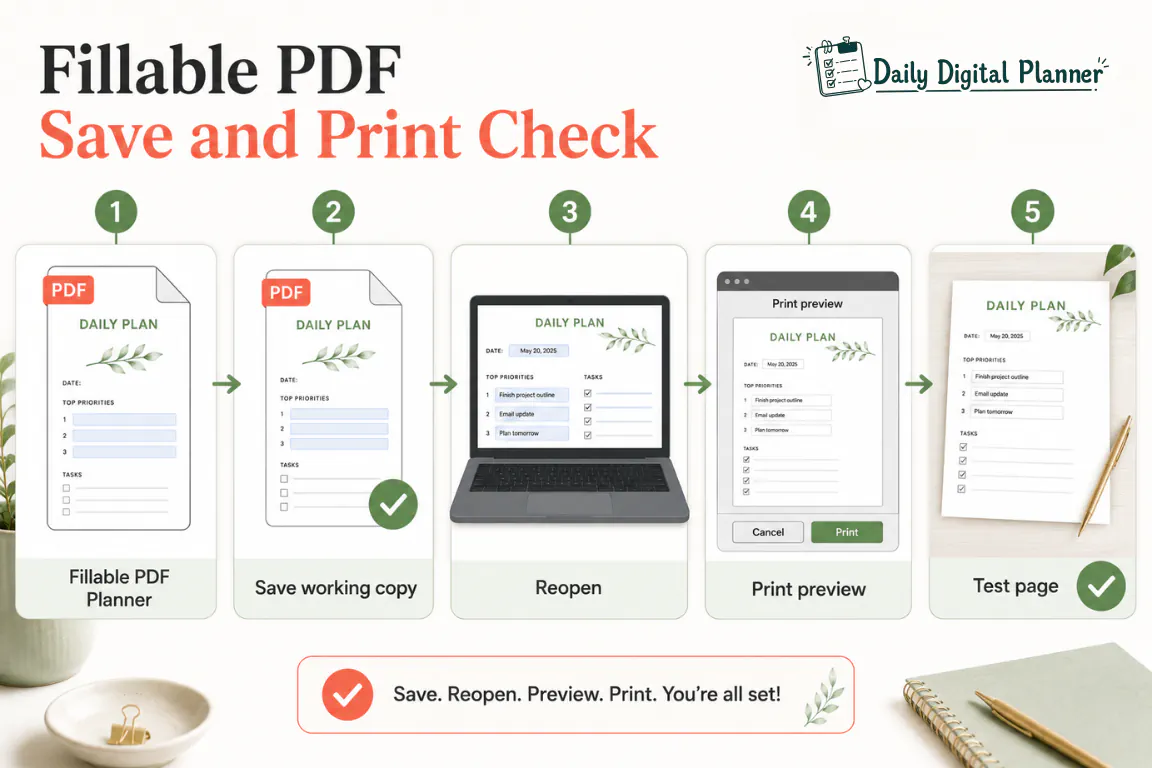 Checklist visual showing save copy, reopen file, print preview, and test page before printing a filled planner.