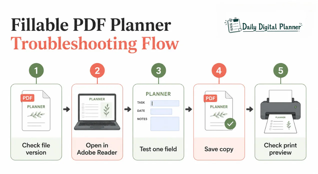 Flowchart showing how to diagnose fillable PDF planner typing, saving, and printing issues.