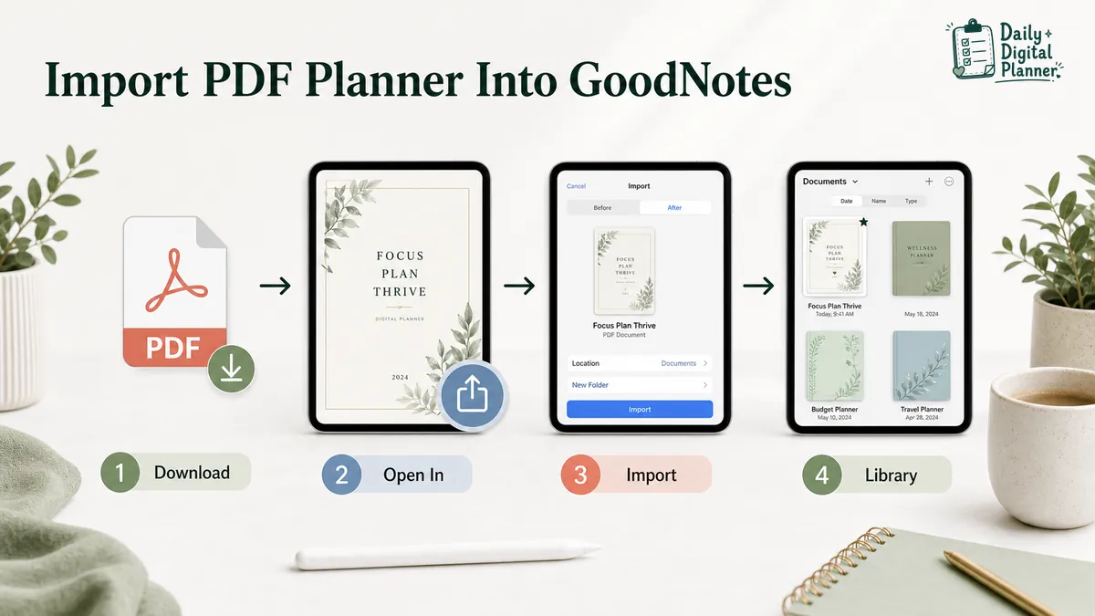 Step-by-step import workflow showing a downloaded PDF planner moving into a planner app library.