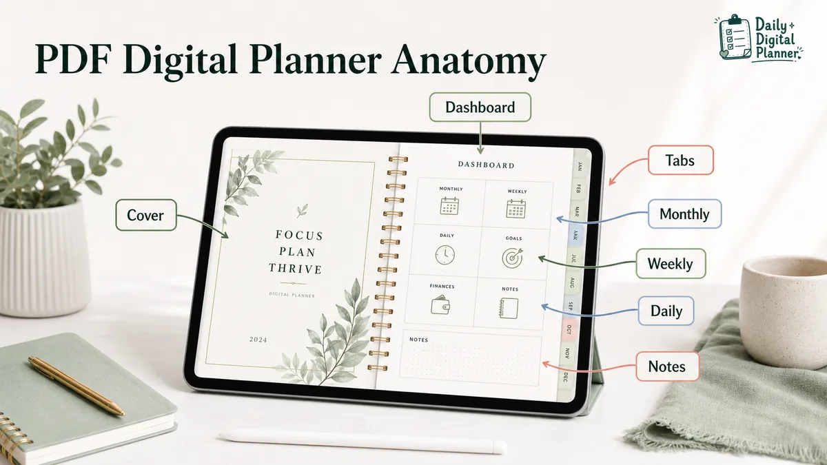 PDF digital planner anatomy showing cover, dashboard, tabs, monthly pages, weekly pages, daily pages, and notes pages.