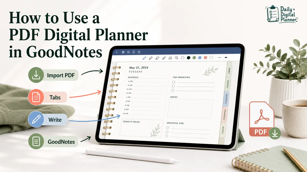 PDF digital planner open in GoodNotes with planner tabs, writing tools, and a downloaded PDF file nearby.