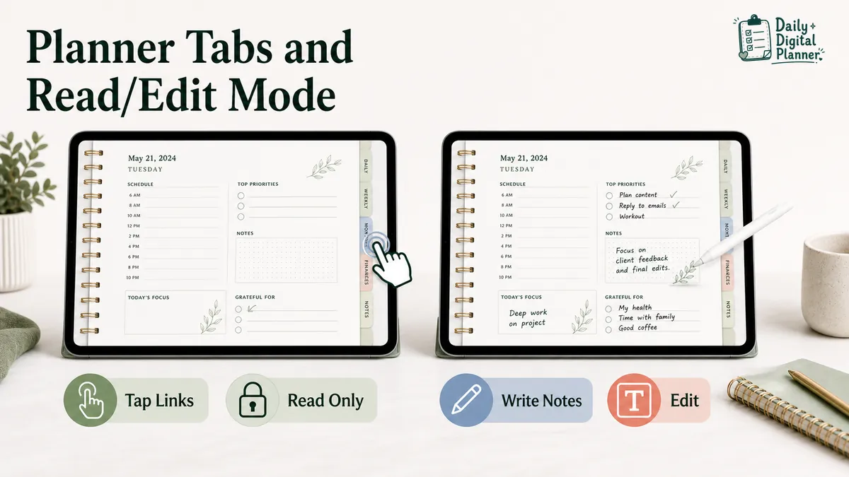 PDF planner tabs with a comparison of navigation mode for links and edit mode for writing.
