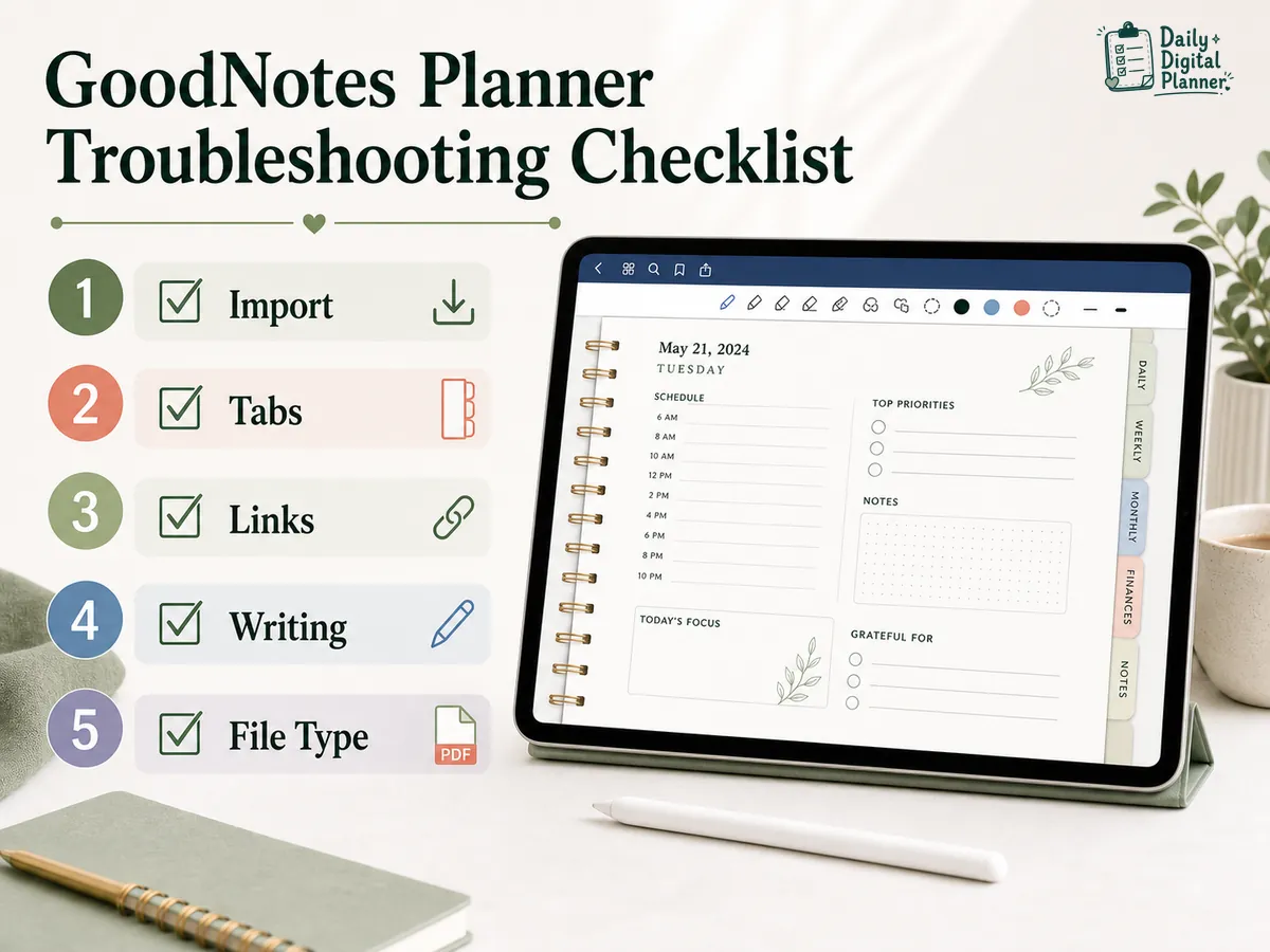 Checklist for fixing PDF planner import, tabs, links, writing issues, and file type problems in GoodNotes.