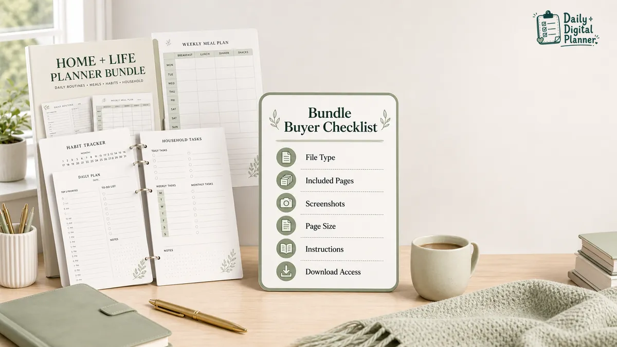 Checklist for comparing a home and life planner bundle by file type, included templates, screenshots, page size, instructions, price, and download access.