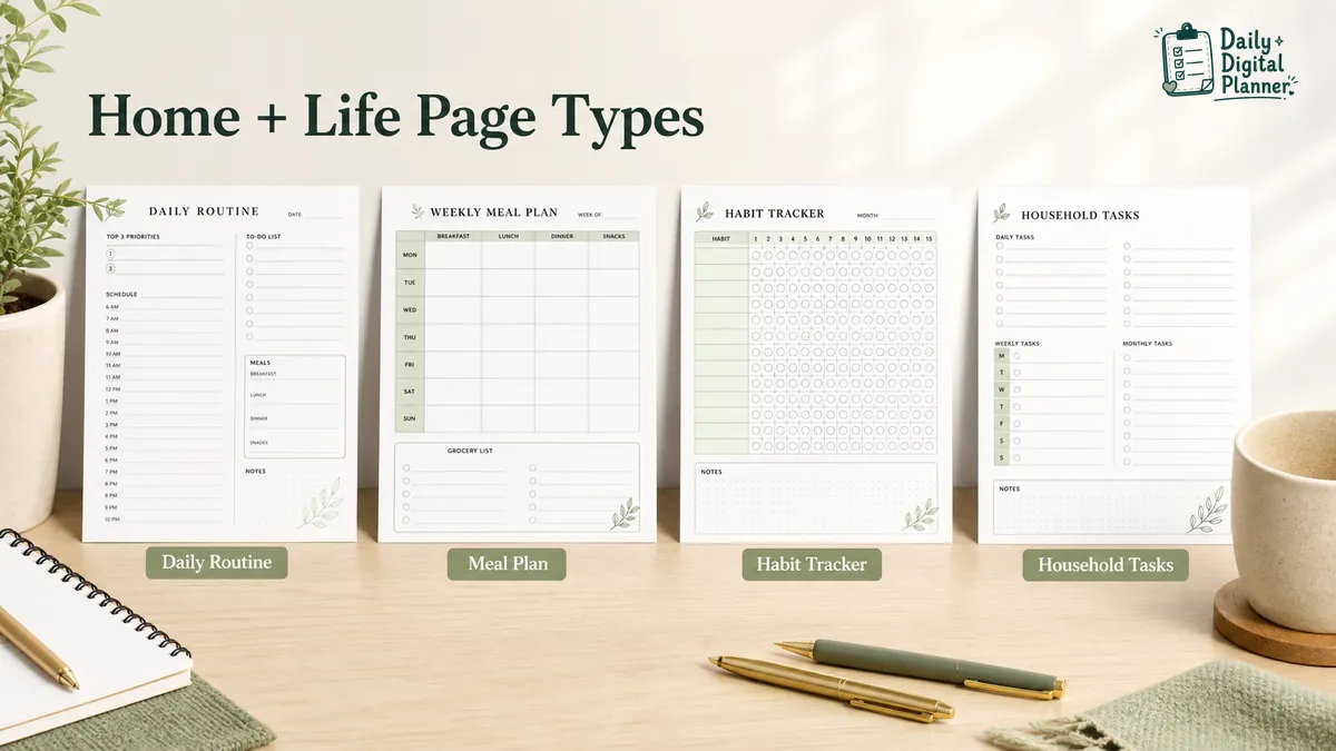 Home and life planner page types showing daily routine, meal planning, habit tracking, and household tasks.