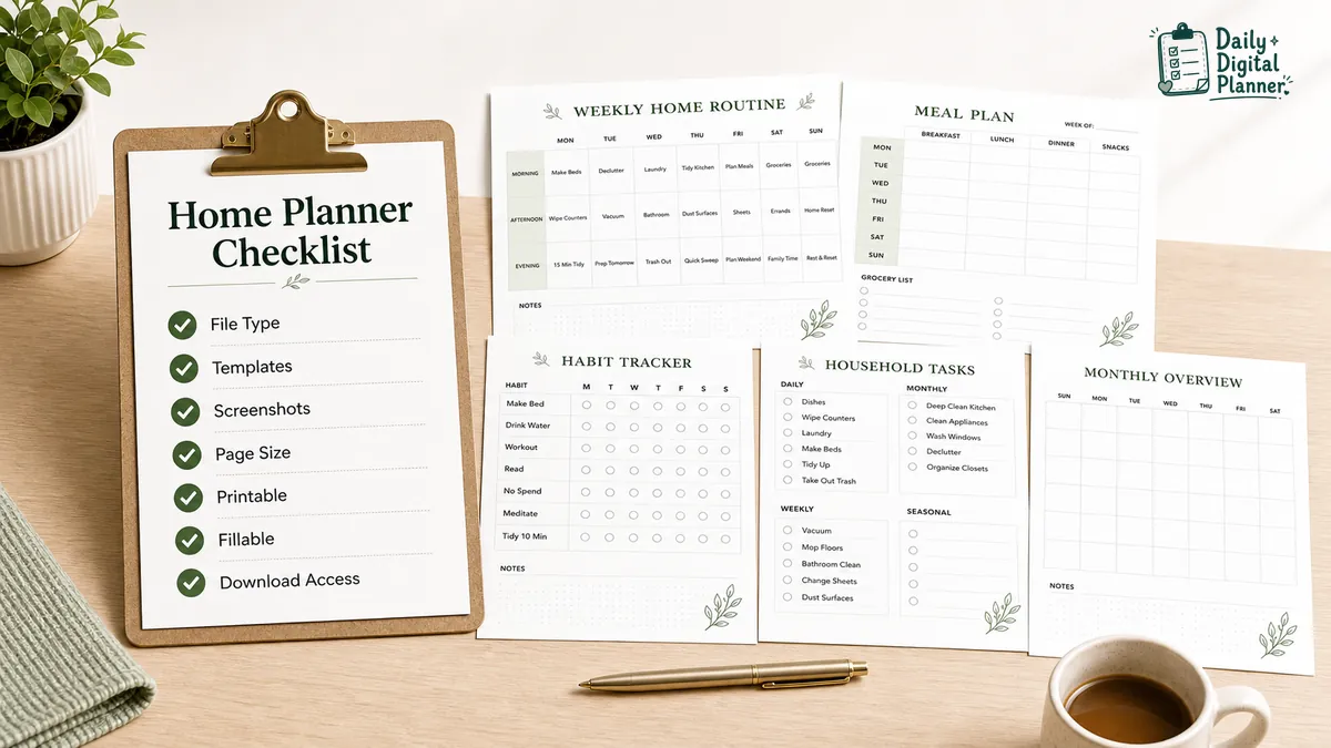 Checklist for checking file type, templates, screenshots, page size, printable support, fillable support, price, and download access.