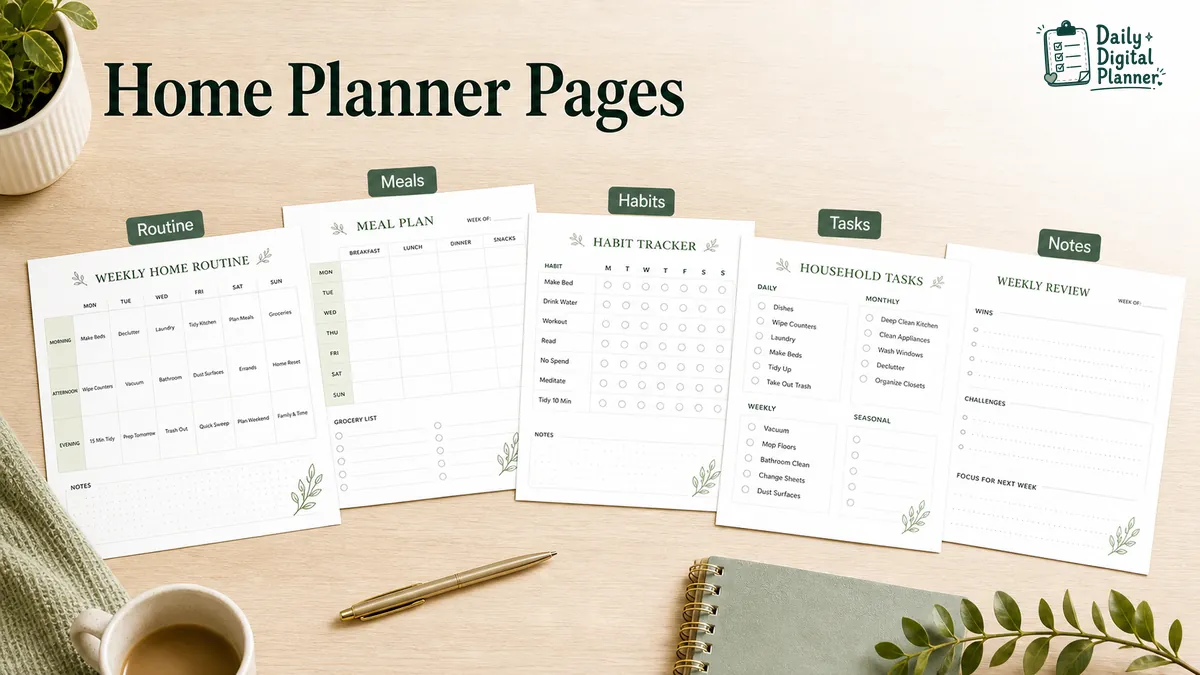 Home planner PDF component examples including routine pages, meal plan, habit tracker, household tasks, and notes.