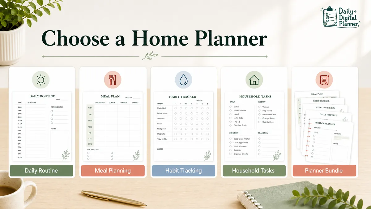Home planner use-case router showing routines, meals, habits, household tasks, and planner bundle paths.