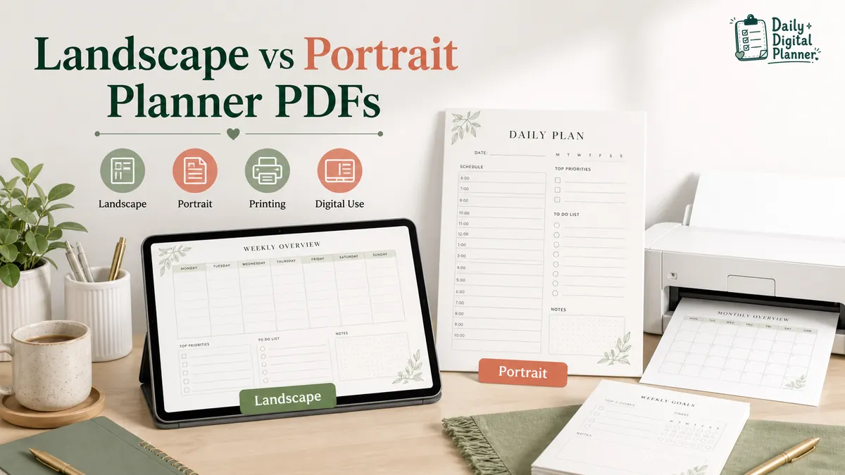 Side-by-side landscape and portrait planner PDF pages shown for printing and digital use.